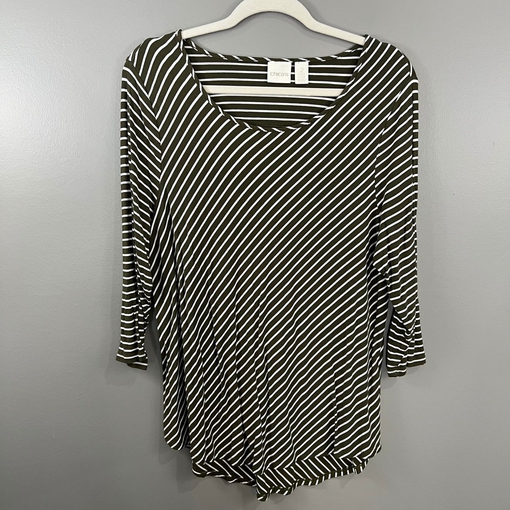 Chico's Striped Top 2 (L) Green Great 3/4 Sleeve Keyhole Back Cutout